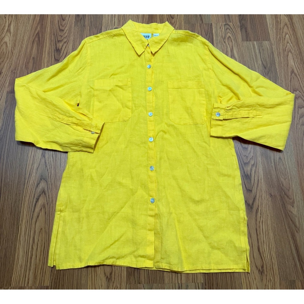 Chico's Design Linen Shirt Womens Large Yellow Button Front Lightweight